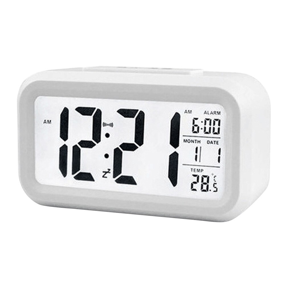 Smart Digital Alarm Clock with Date and Temperature Snooze Button on Top Battery Operated Rectangle Desk Clock with Night Light: White