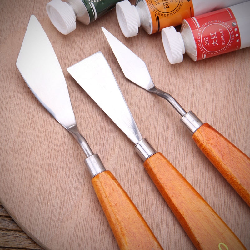 3 unids/set paleta cuchillo mezclar aceite de pintura de acero inoxidable rascador espátula arte suministros para artista herramienta de pintura conjunto