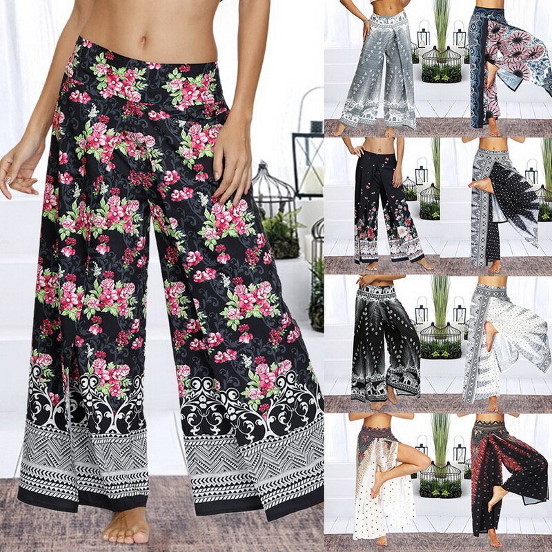 Womens Palazzo Slit Wide Leg Pants Summer Casual Beach Boho Print Pants Plus Size High Waist Gym Yoga Pants Sweatpants