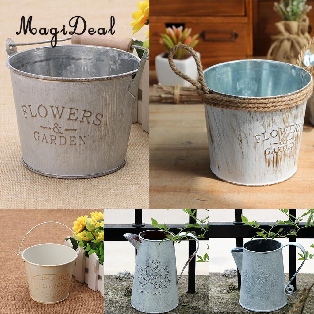 Magideal fransk pastoral galvaniserad metall plåt hinkar växter blomvaser vatten plantering fat med handtag
