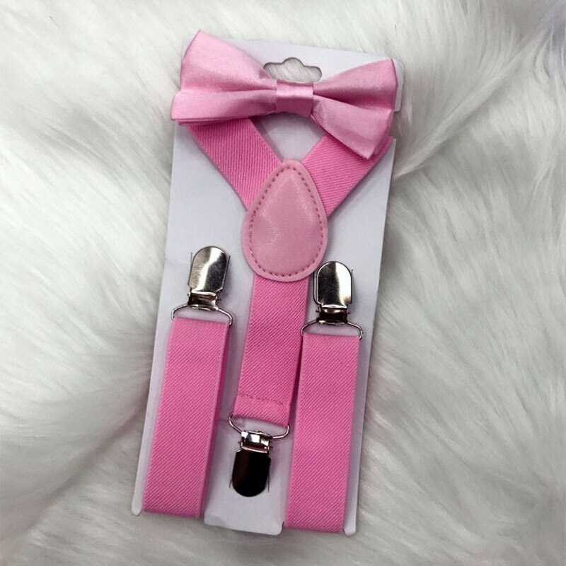 Bow Tie Suspenders Set For Baby Boys Elastic Solid Color Y-Back Braces Adjustable Suspender Children Matching Tuxedo Suit Brace: Pink