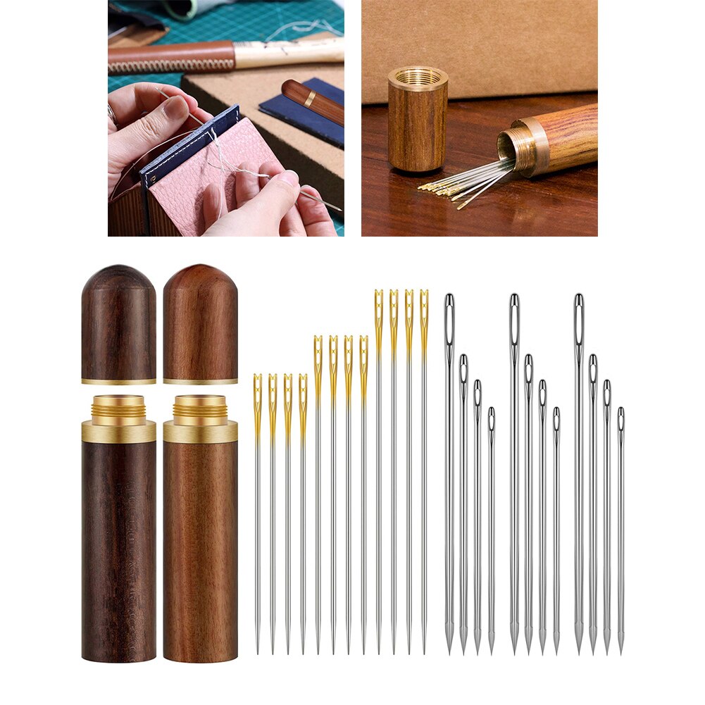Wooden Needle Case With 12 Self Threading Needles Sewing Embroidery 24 Leather Stitching Big Hole For Storing Embroidery 38PCS