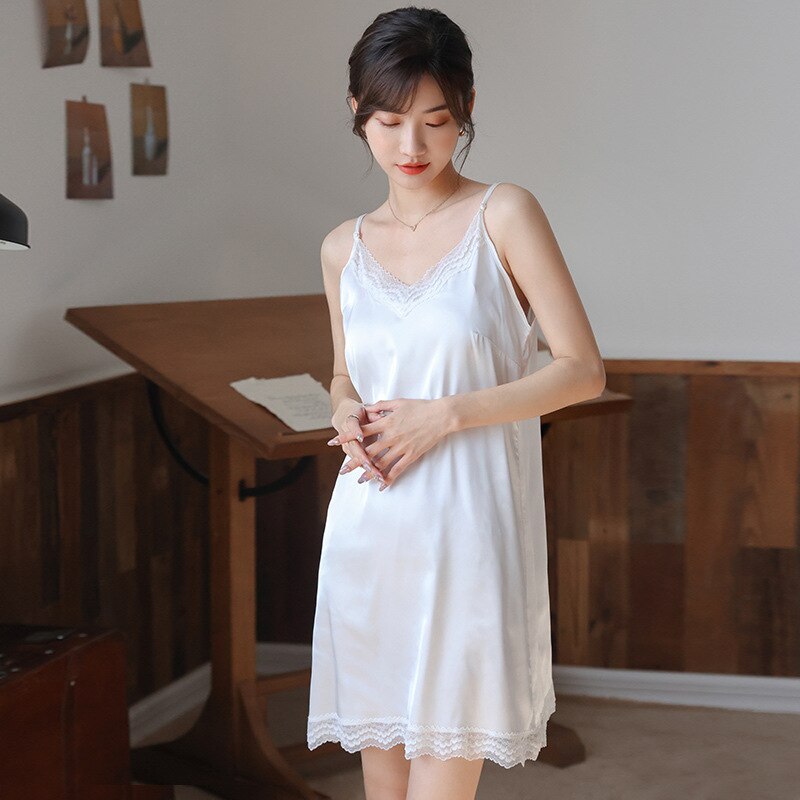 die Seide Satin- Strumpf Unterrock für Kleider frauen innere Felsen Spitze Mitte Länge Weste Bodenbildung Petticoat Unterhose Kleid V Nacken verlieren: Weiß