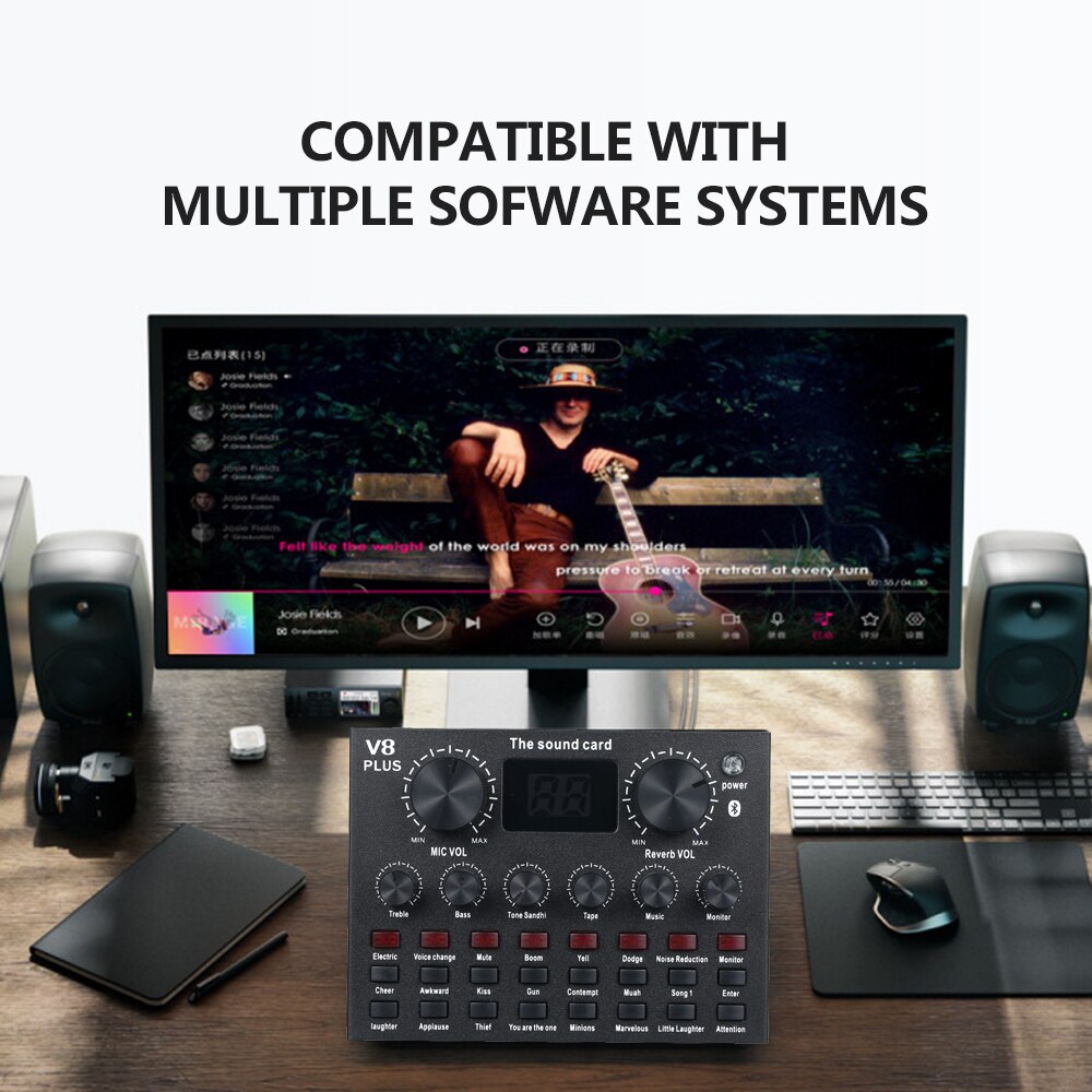 V8 Plus Live Sound Card with Audio Cable USB Cable BT Accompaniment Sound Effects Universal for Phone Computer
