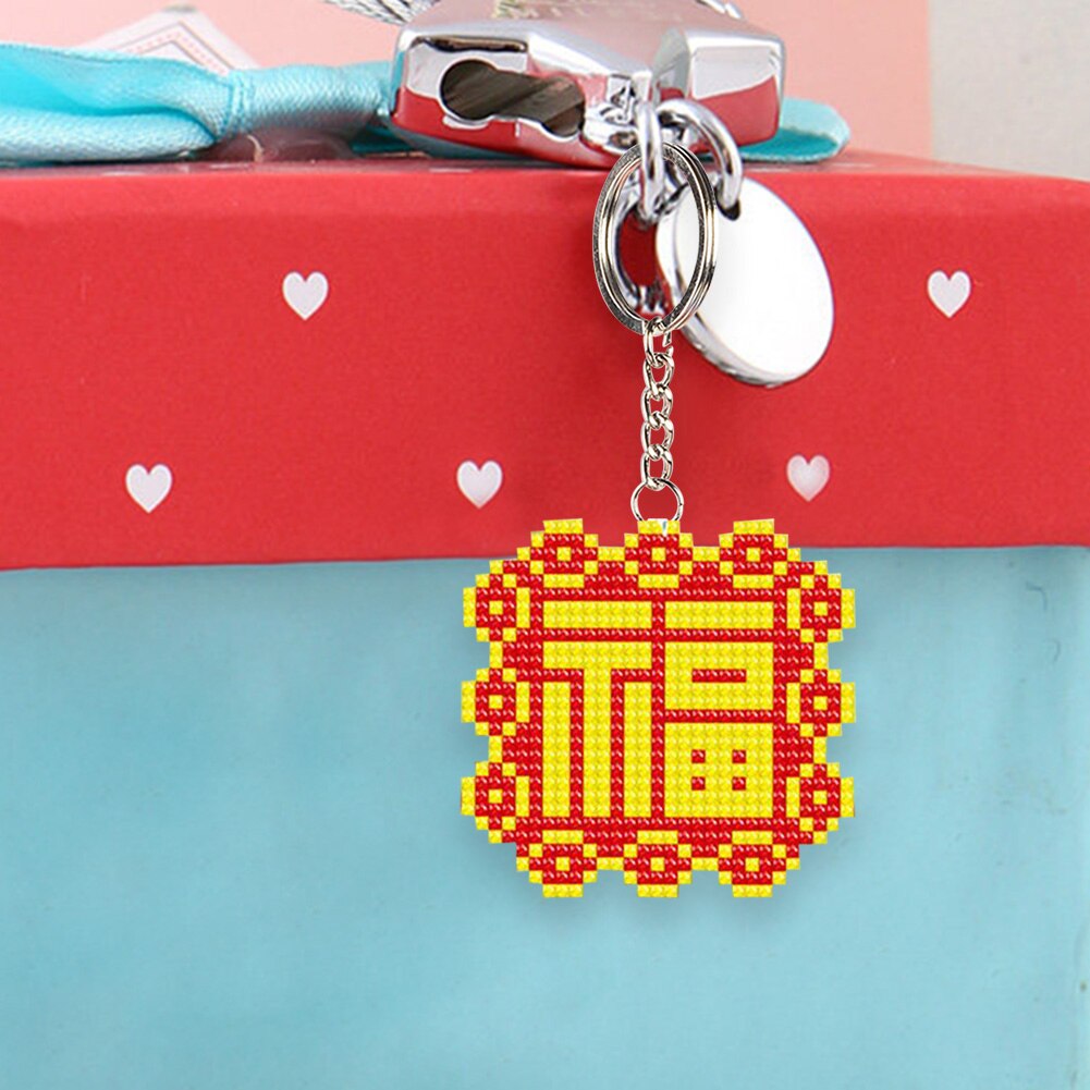 LLavero de punto de cruz hecho a mano con 6 estilos DIY, Kit de llavero bordado con bordado impreso para bolso colgante de mujer