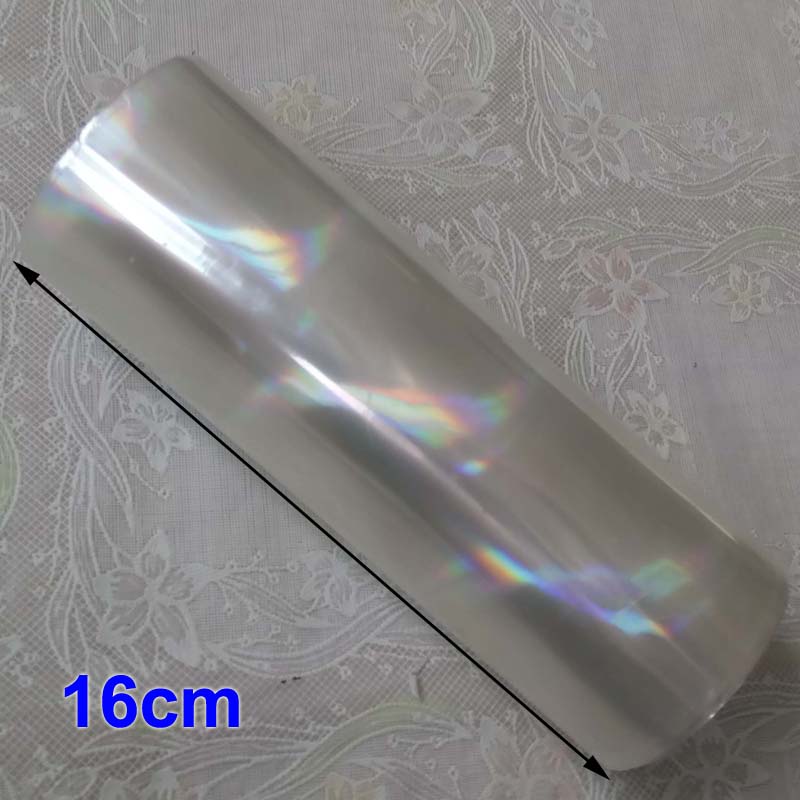 Folia holograficzna przezroczysta folia tłuczone szkło folia robić gorącego tłoczenia na prasie papierowej lub z tworzywa sztucznego 16cm 21cm 64cm szerokość 120m długości: 16cm ukośny tęcza