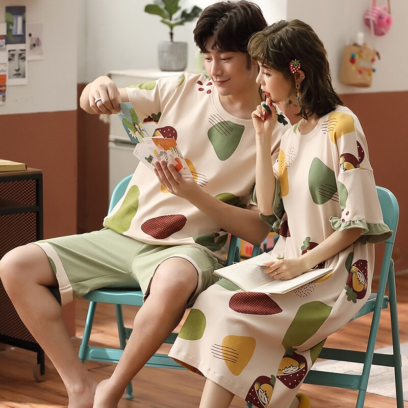 Conjunto de Pijama BZEL de estilo fresco para parejas, ropa interior con estampado de Fruta de dibujos animados, bonito vestido de noche verde, pantalones cortos de verano, , ropa de casa suelta