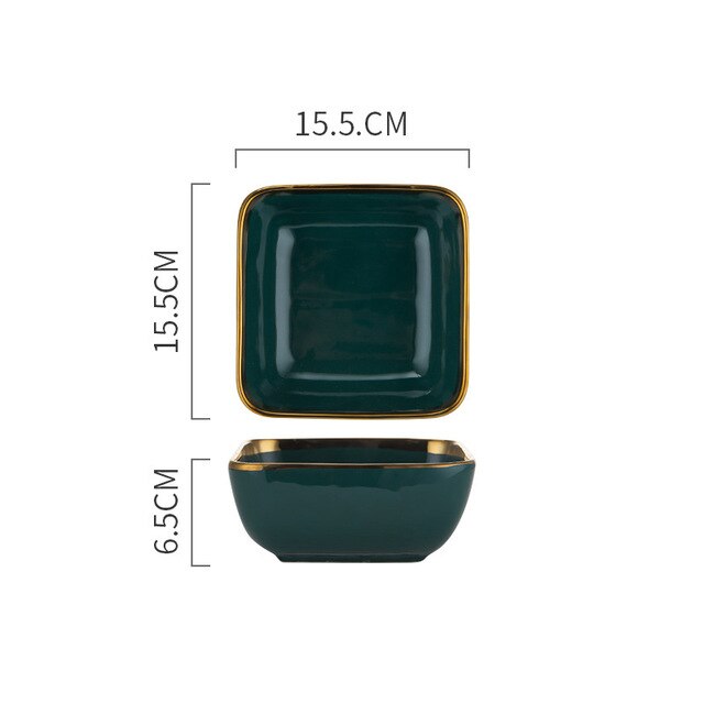Square Tableware Green Ceramic Dinner Plate Gold Porcelain Dessert Steak Snack Cake Plate Salad Soup Rice Bowl: Square Salad Bowl
