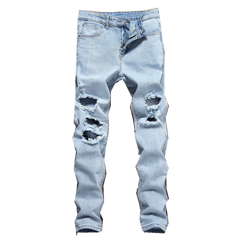Jean déchiré bleu clair pour homme, pantalon de clochard, Slim, extensible, décontracté, de rue européenne et américaine, Hip Hop, printemps et été: 38