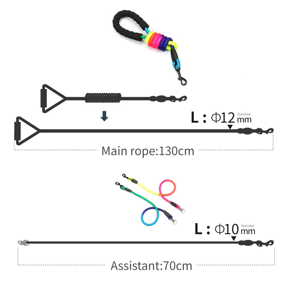 Rainbow Multi Honden Leash Nylon Afneembare Huisdier Lood Foam Handvat 1 Leash Voor 2 Of 3 Of 4 Honden ronde Trekkabel Hond Levert