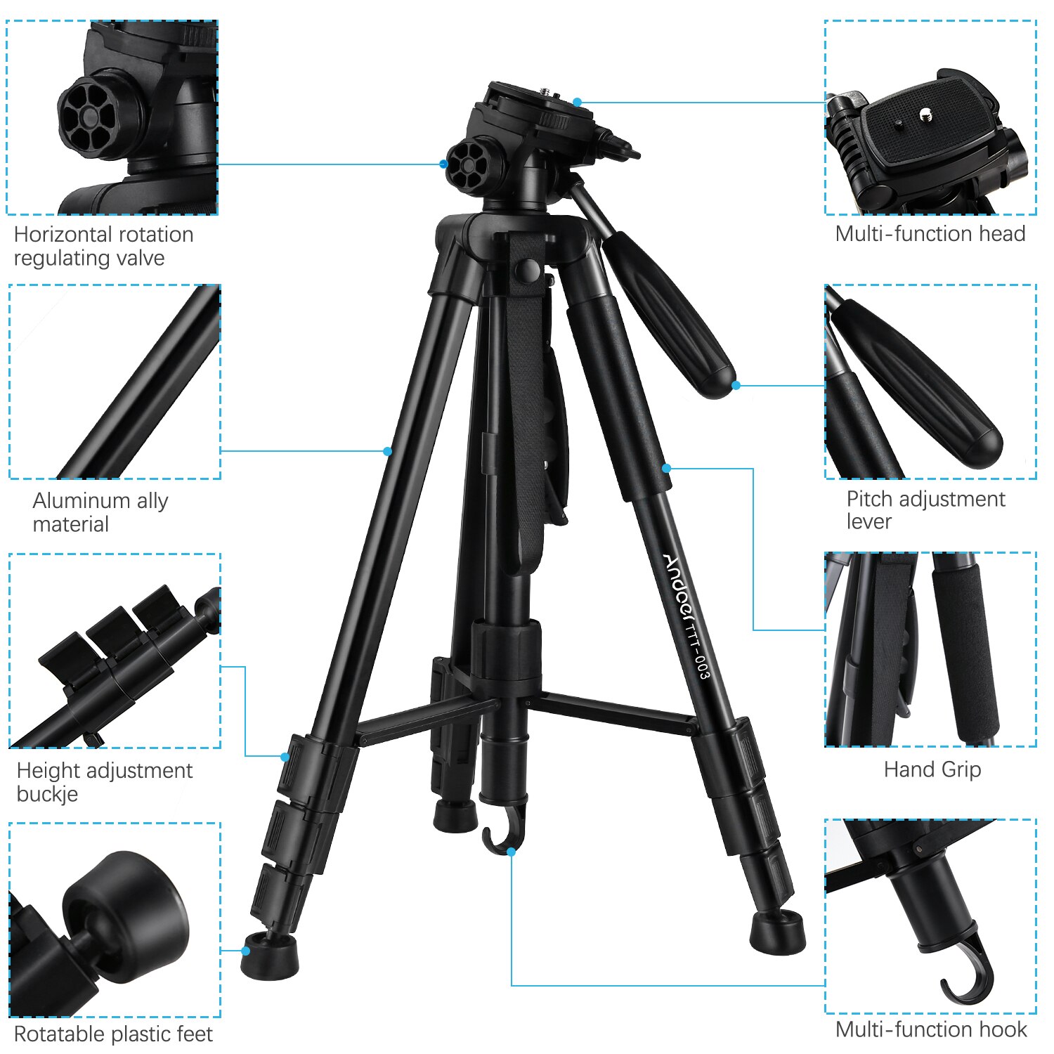 Andoer TTT-03 2-in-1 fotografia treppiede monopiede Stand in lega di alluminio 3-Way girevole Pan testa 163cm Max. Altezza 5kg capacità di carico