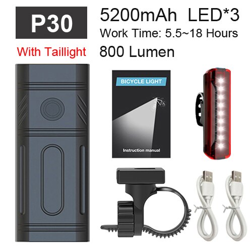 Newboler 5200 mah krachtige fietslamp 3 led aluminium usb fiets koplamp set regenbestendige mtb voorlamp fietslamp powerbank: P30 sets