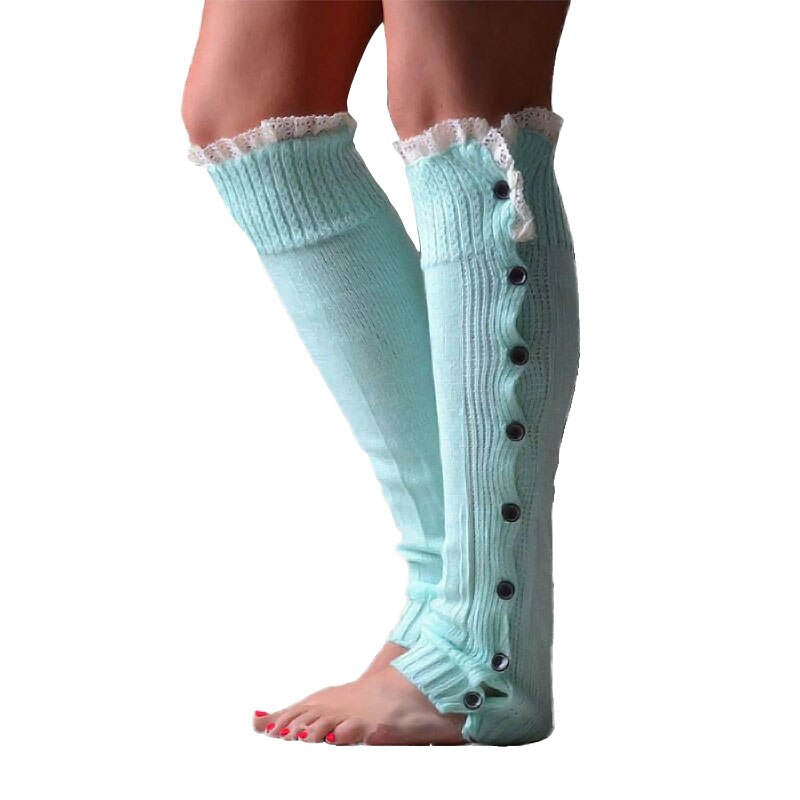 Mallas cálidas con botón de encaje para mujer, calentador de pies, cubiertas de botas, medias cálidas de punto para Otoño e Invierno: Azul cielo