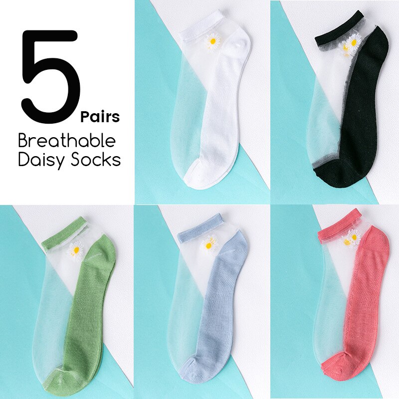 5Pairs/Lot Women Socks for summer Ultra-thin Transparent Cass Glass fiber Silk Socks daisy Flower Japan Ankle Socks: 379-daisy