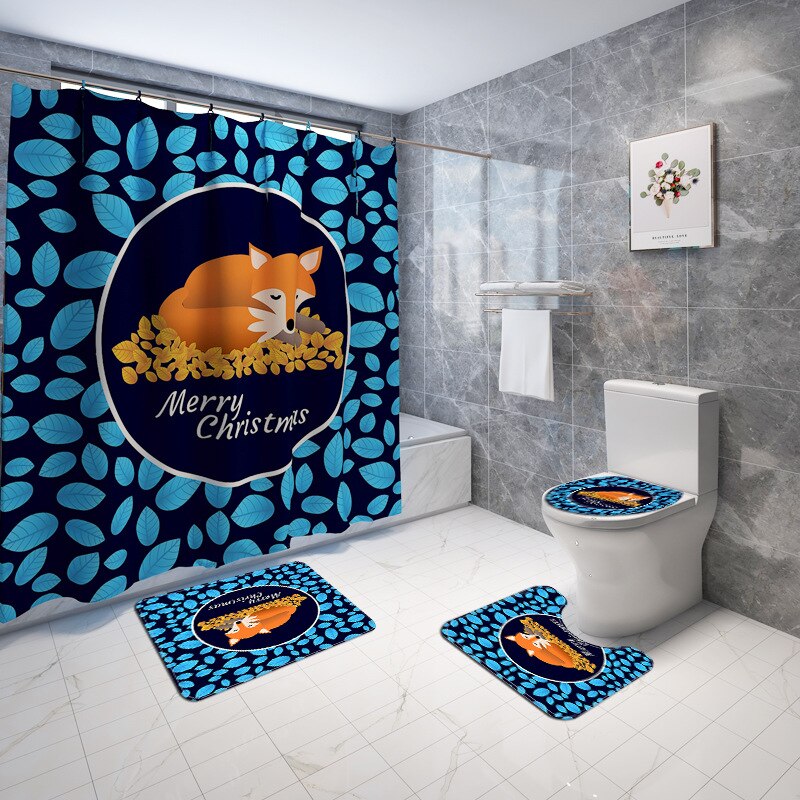 Julebademåtte og badeforhæng print badeforhæng gulvmåtte mikrofiber badeværelsesmåtte sæt vandtæt fodmåtte: 4 stk -248