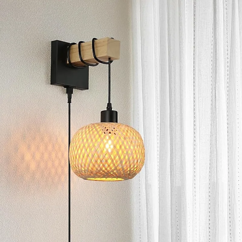 råtnende vegglampe dimbar bryter bambus vegglampe pluggbar vegglampe til soverom stue hotell gjeng hjem restaurant