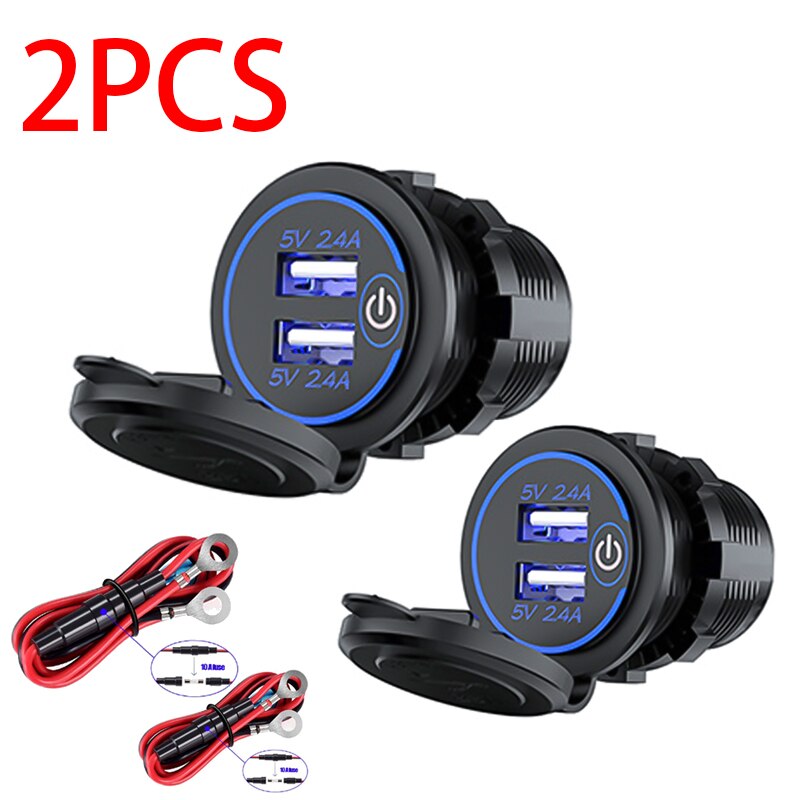 5V/2.4A Dual Usb Socket Car Charger Met Touch Schakelaar Waterdicht Stofdicht Cap 12V/24V auto Adapter Voor Iphone Xiaomi Huawei: 5V 2.4A Blue 2pcs