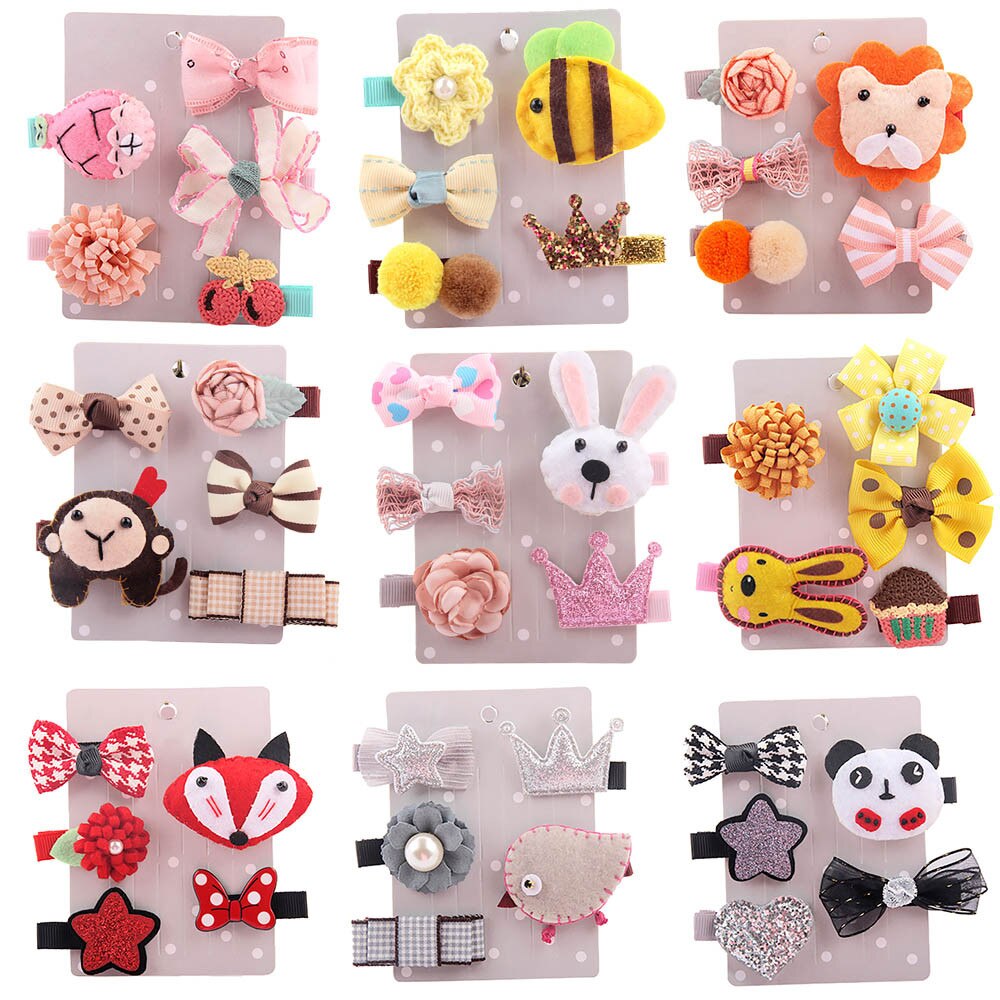 5Pcs Kids Infant Hairpin Baby Girl Cartoon animal motifs Bow Flower Hair Clip Set Children Cute Hair Accessories Girls Headdress