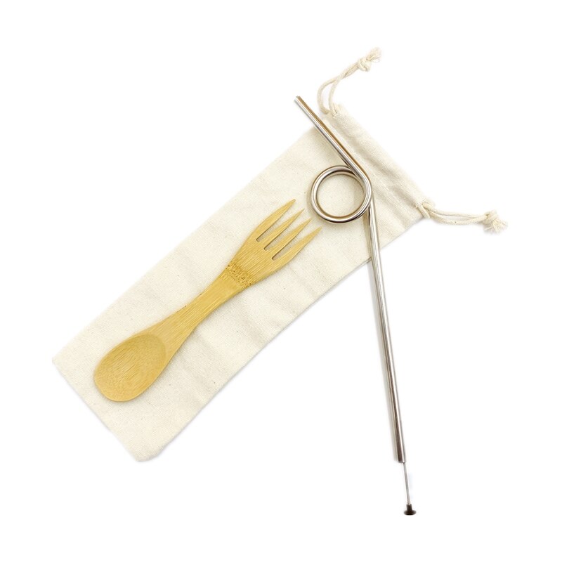 Herbruikbare Bamboe Spork Met Twist Rvs Rietje Nul Afval Bamboe Gebruiksvoorwerpen 2 In 1 Bamboe Lepel Houten Vork te Gaan: spork straw set