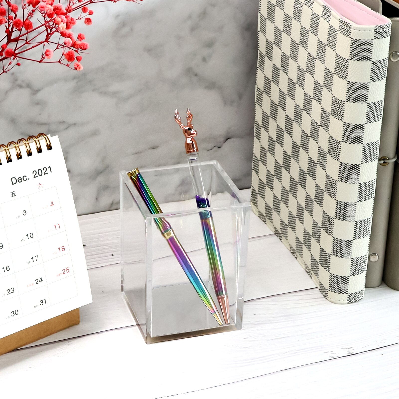 Acrylic Silver Desk Organizer Pen Holder Stapler Tape Dispenser Notepad Holder For Office Supplies And Desk Accessories