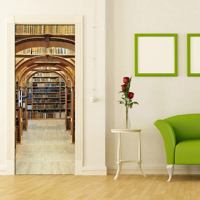 PVC Self Adhesive Waterproof Door Sticker Living Room Bookshelf Mural Wallpaper 3D Stereo Space Study Room Door Mural Decal