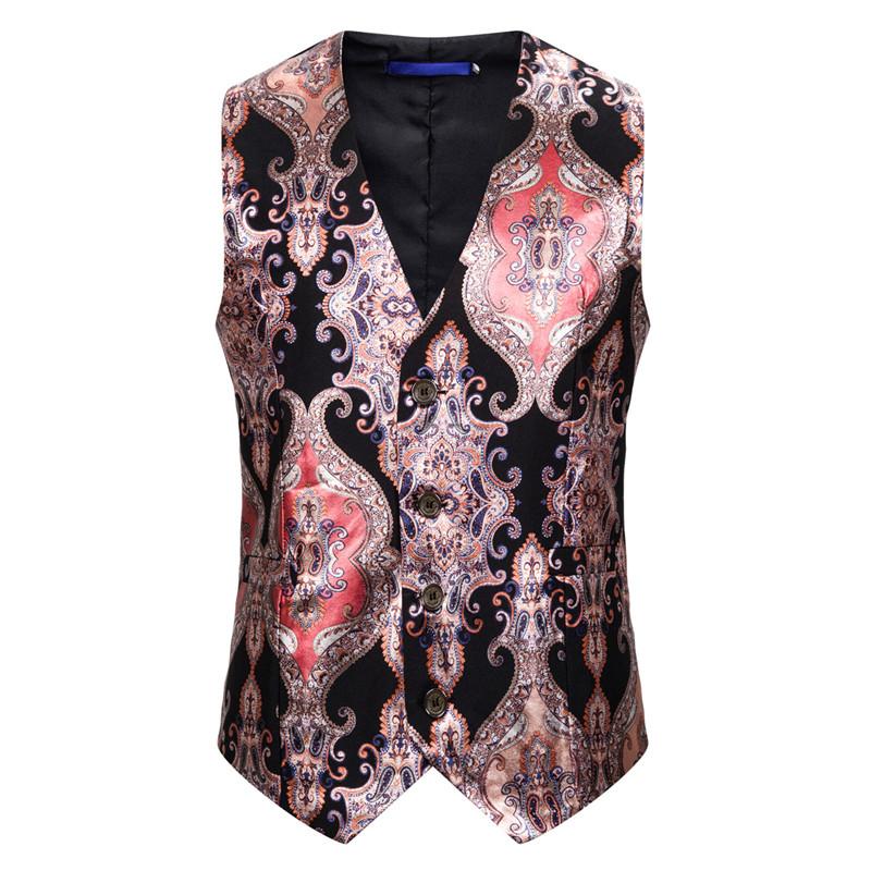Palace style imprimé costume gilet fête étape Unique col en V gilets et gilets pour hommes blanc bleu: Black Red1815-XJ20 / XXL