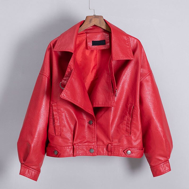 Oversized imitatieleren jas met knopen op de rug, dames motorjas, zwarte biker jaquetas couro casaco chaqueta damesjas: Rood / Ik