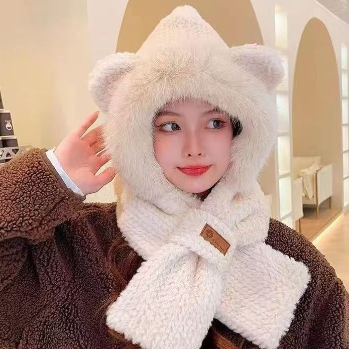 Lovely Beanie Hat Scarf Set Women Faux Fur Warm Winter Hat Children Parent Neck Circle Scarf Ski Snow Hat Cap Skullies Beanies: Dark Grey