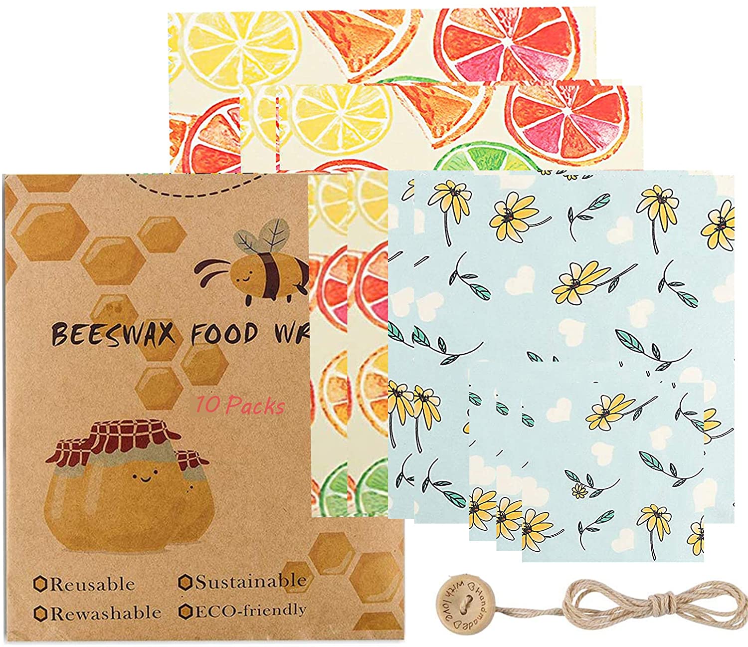 Anjielosmart Reusable Food Wraps Roll custom food wrapping Wrap Eco Friendly Sustainable beeswax wrap for Food Storage: 10pcs Lemon Flower