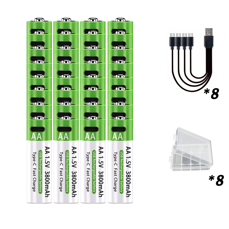 LIKEKALA Li-ion AA Rechargeable Batteries USB Lithium-ion 3800mAh 1.5V AA Rechargeable Batteries+ Data Cable and Storage Box