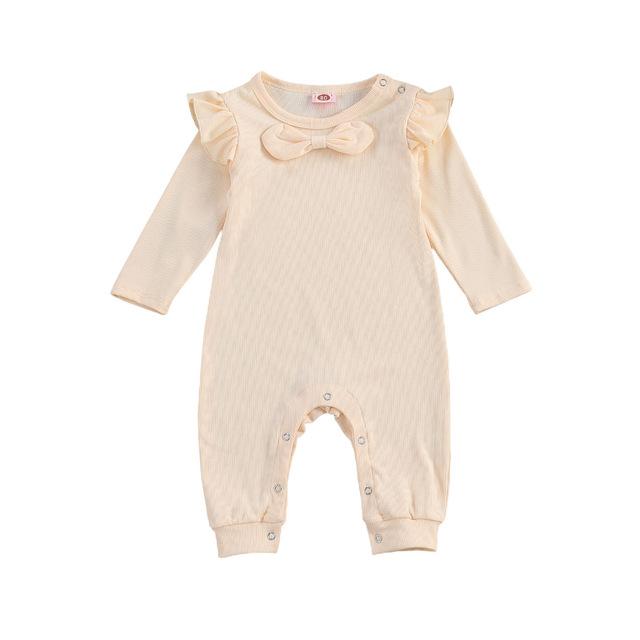 3-12M Herfst Effen Geribbelde Jumpsuit Peuter Jongen Baby Baby Meisjes Lange Flying Mouwen Strik Hals Geribbelde Knop romper Broek: Beige / 6m