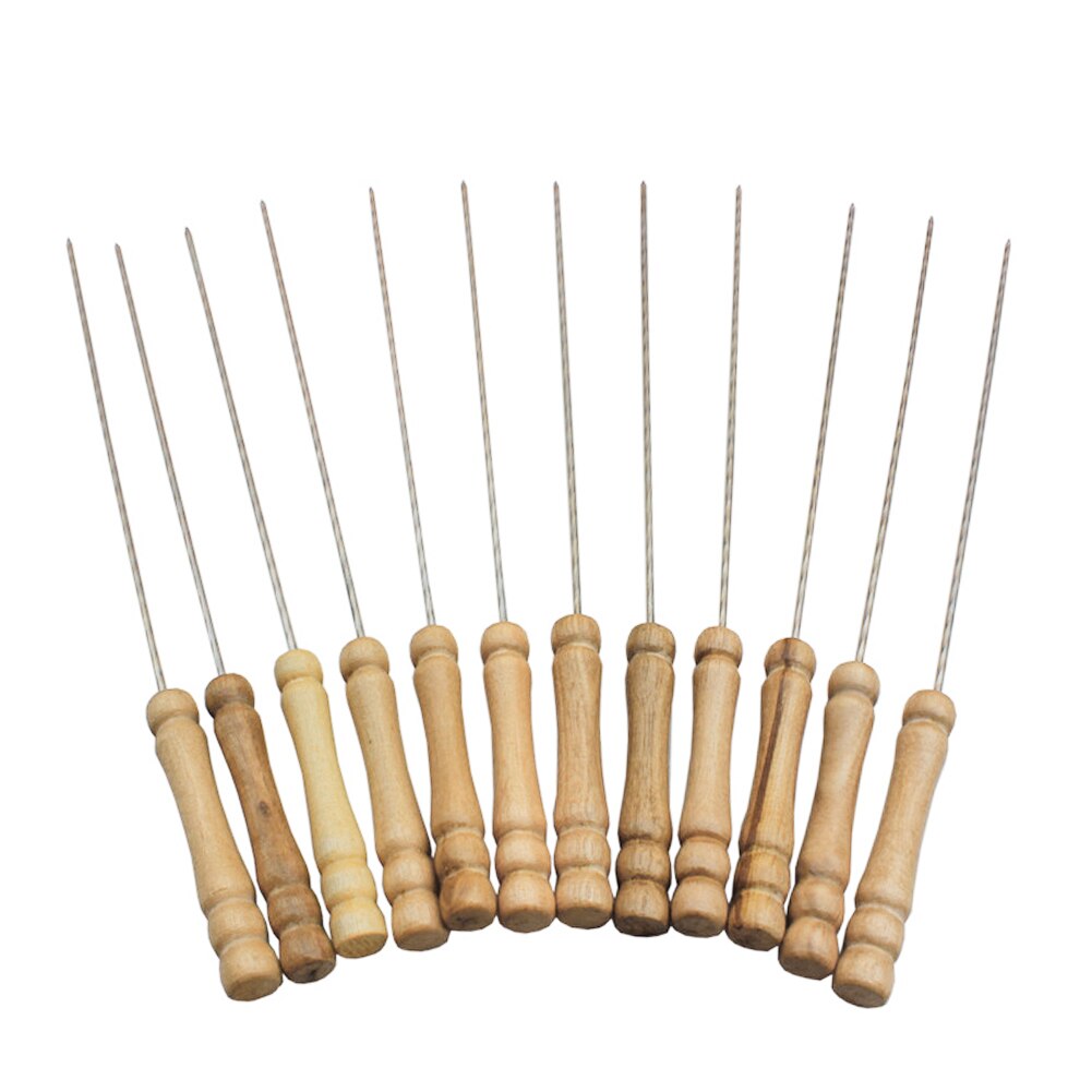 10pcs Flat Barbecue Stick BBQ Camping Roasting Needle With Wooden Handle Brochette Tong Kebabe Skewers Wooden Roasting Tools