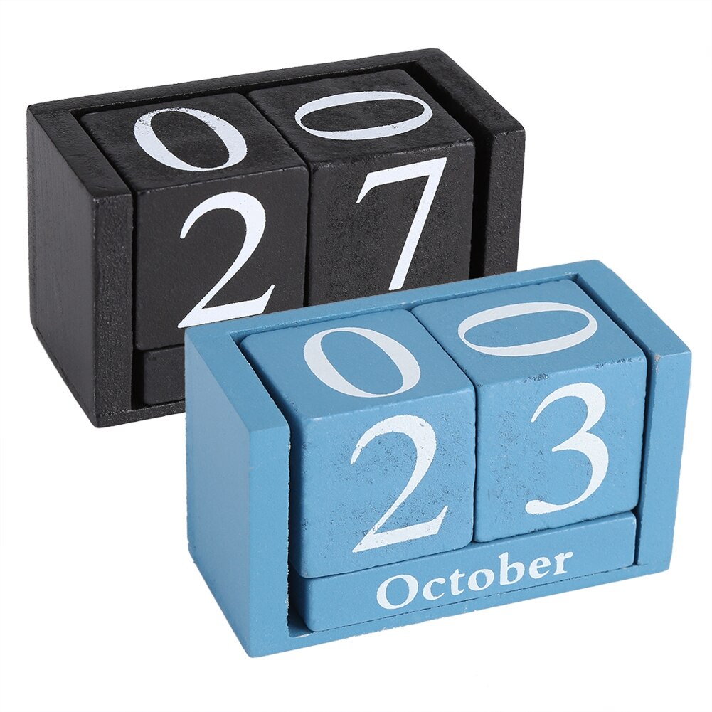 Calendario Vintage de madera para escritorio, indicador de fecha de mes, decoración para el hogar y la Oficina, Calendario perpetuo de madera azul