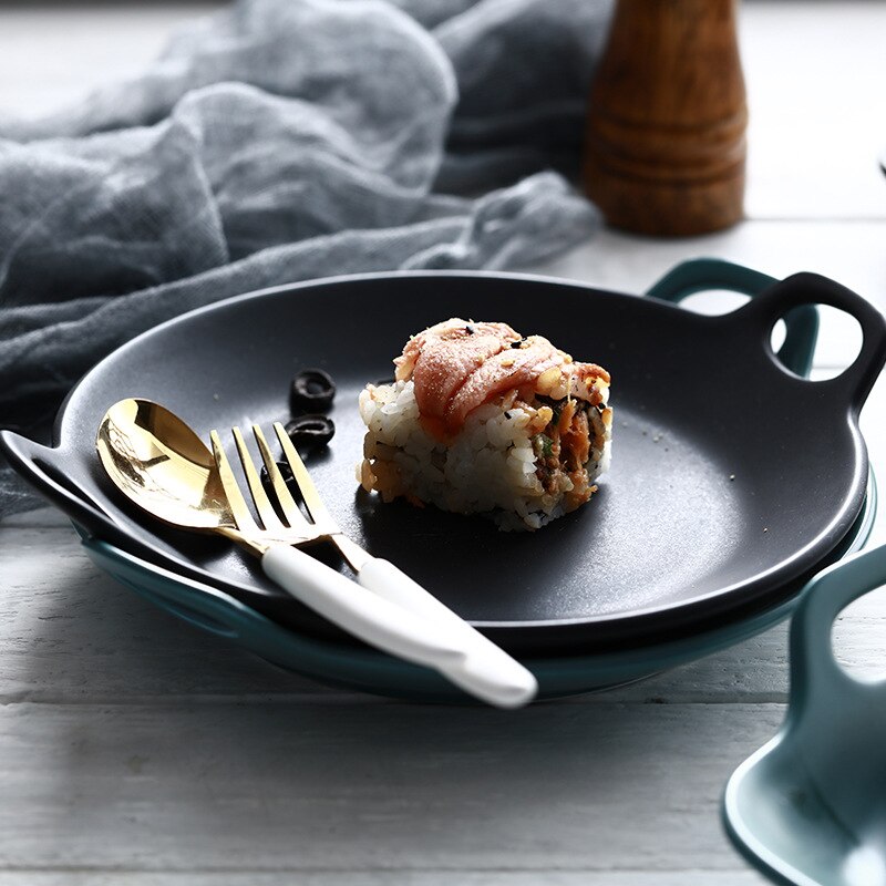 Nordisk retro keramisk tallerken med håndtak rund frokost middag tallerken årgang lagring brød dessert fruktbrett hjem dekorasjon