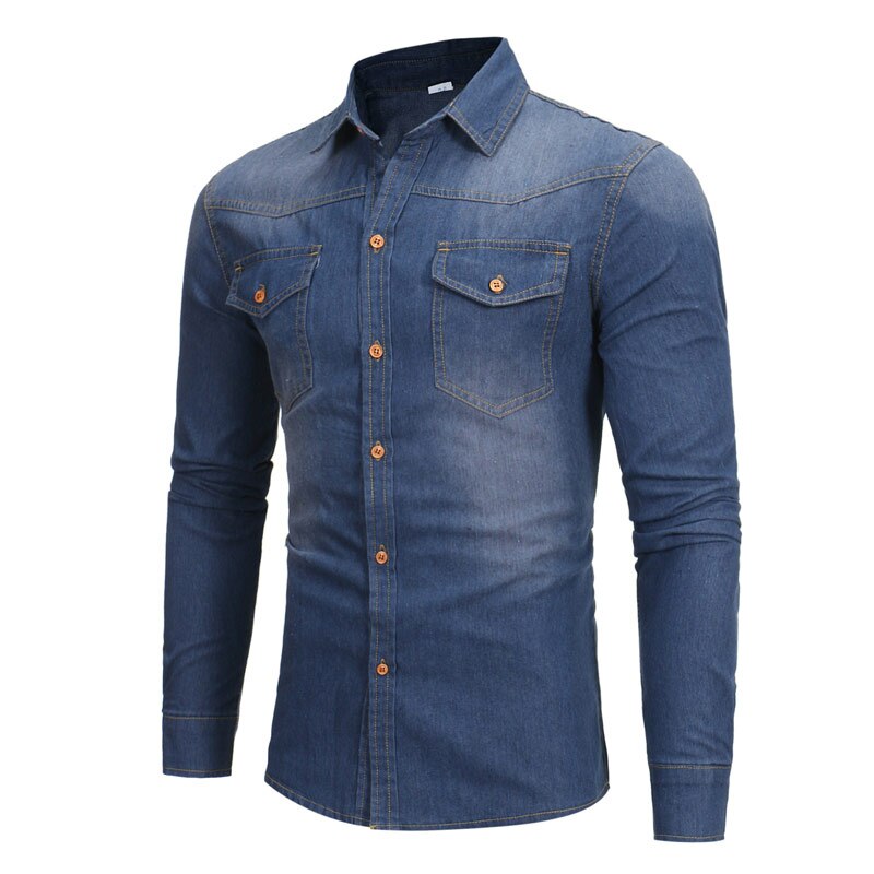 Jeansskjorta herr vår höst långärmad herr fritidsklänning jeanskjortor slim fit camisa masculina klassisk blå jeansskjorta