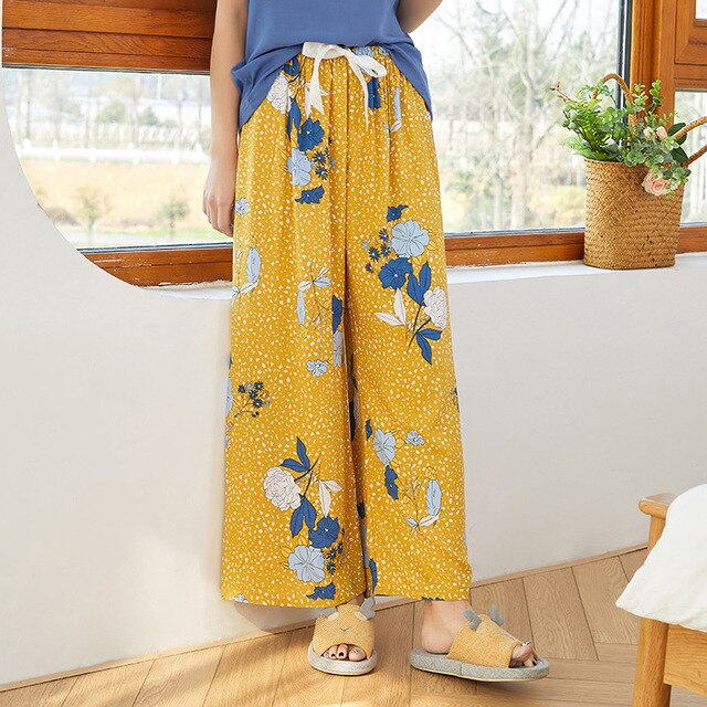 Summer Sleep Wear for Women Pajama Printing Loose Sleep Pants Calf-Length Pants Sleep Bottoms Home Wear: O15