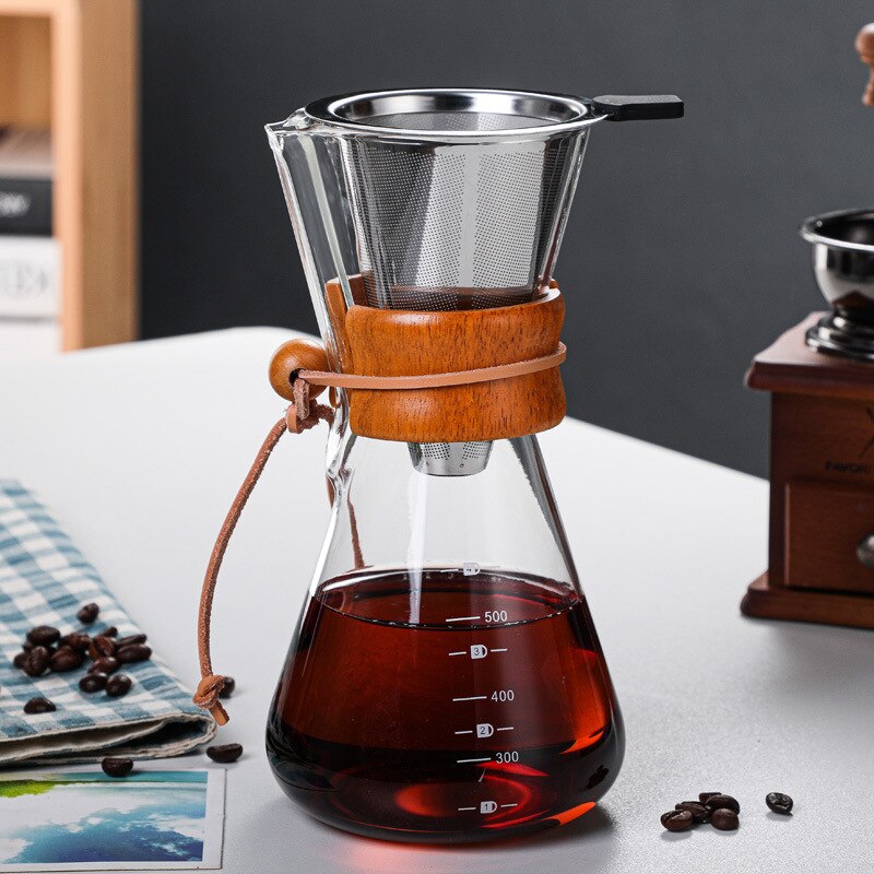Olla de vidrio para café hecha a mano resistente al calor, juego de filtros para compartir mango de madera, adecuado para el hogar y la Oficina, 400/600/800ML: 600ML with Filter