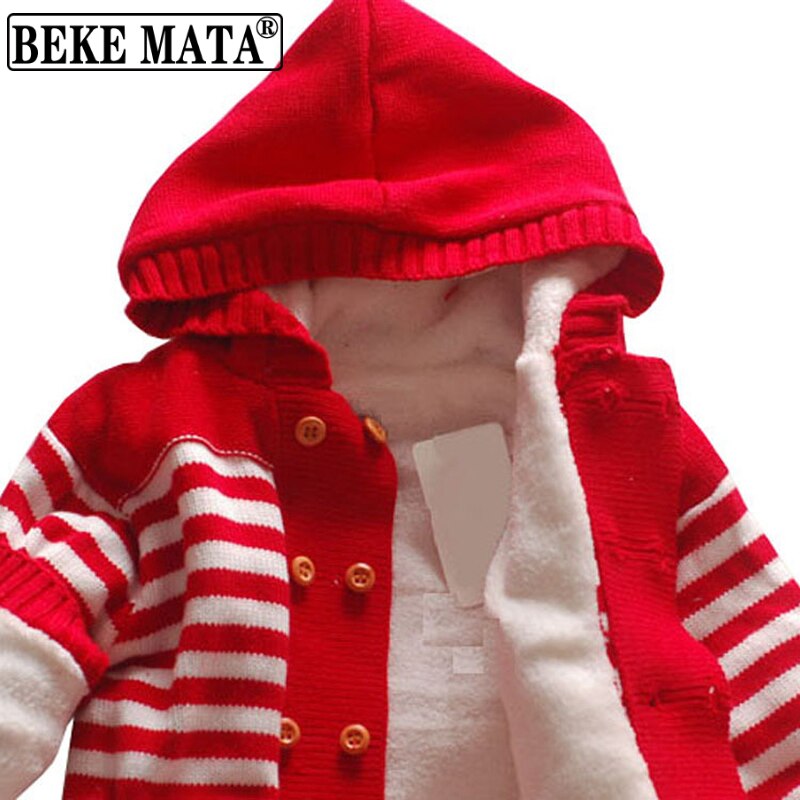 2022 Winter Dikke Katoenen Gebreide Hooded Gestreepte Baby Boy Truien Lange Mouw Peuter Meisje Jas Double Breasted Baby Kleding