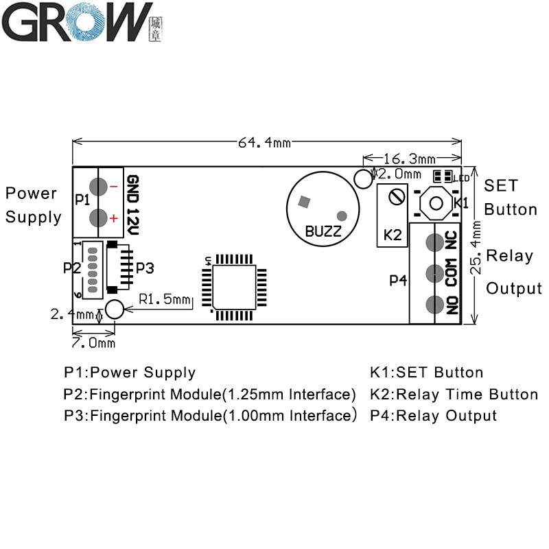GROW K202+R307 DC12V Low Power Consumption Fingerprint Recognition Access Control System+R307 Optical Fingerprint Sensor