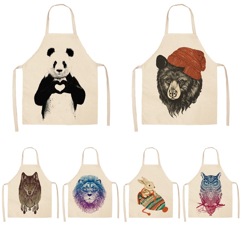 Ouder-kind keukenschort panda/konijn/beer/leeuw/uil bedrukt mouwloos katoenen linnen schorten voor mannen vrouwen huishoudelijke schoonmaakmiddelen