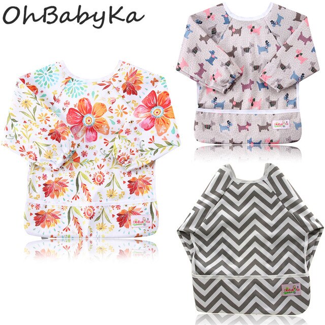 Ohbabyka bolsillo Baberos para comer bebé ducha impermeable manga larga alimentación de Bebé Ropa Unisex para niños 6-24Month 3 unids/pack: ZY070813