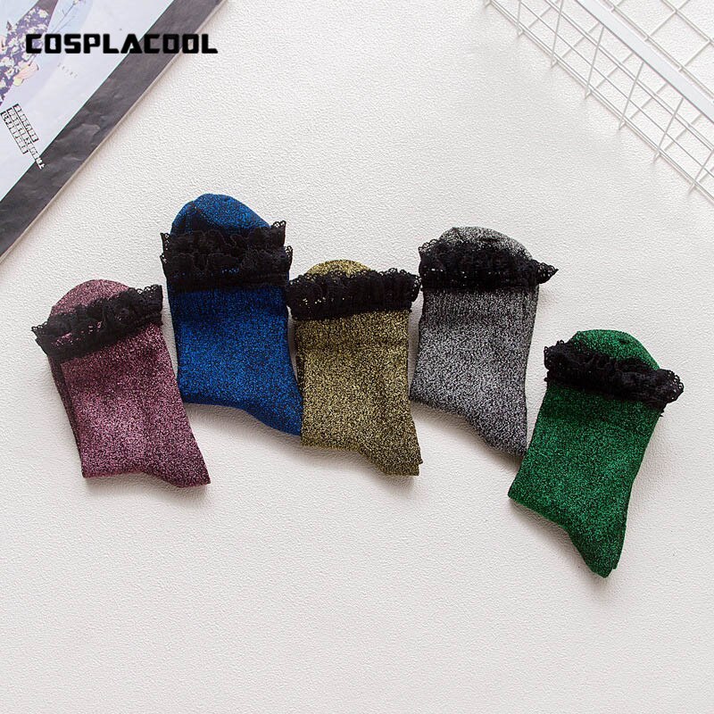 [COSPLACOOL] złoty srebrny jedwab błyszczące koronki brokat skarpety kreatywne, ręcznie robione, skarpetki damskie księżniczka Sokken japonia Reto Calcetines Mujer