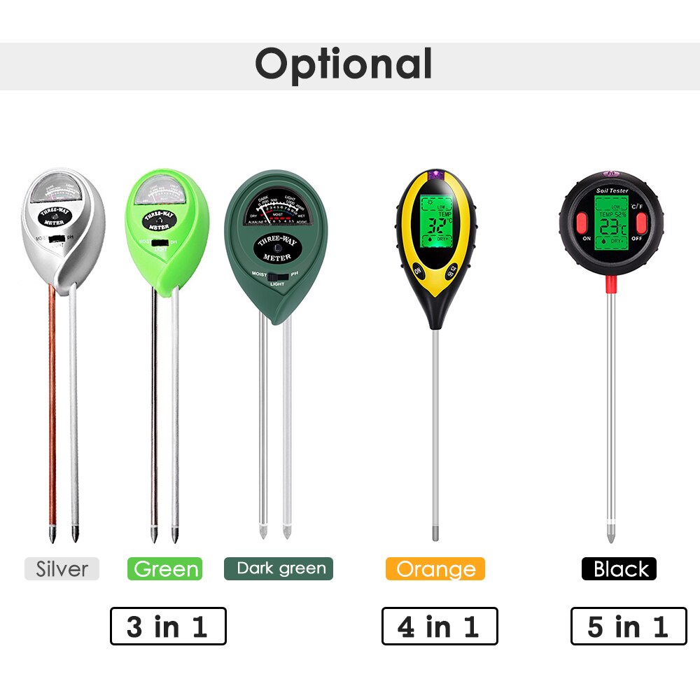 5-in-1 Digital Soil pH Meter Moisture Meter PH Levels Temperature Sunlight Intensity Humidity Tester Large Backlit LCD Display
