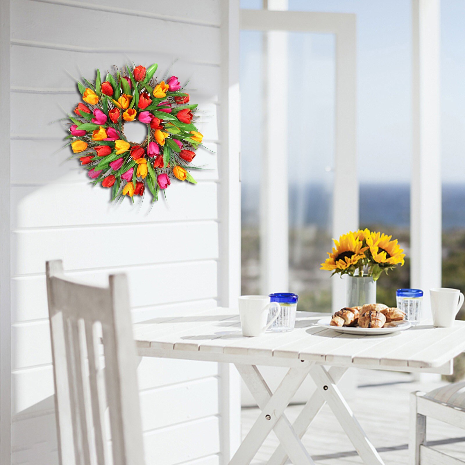 European style Artificial Tulip Garland Home Door Wall Decoration Hanging Garland Rattan Circle Festival Party Ornament #Y