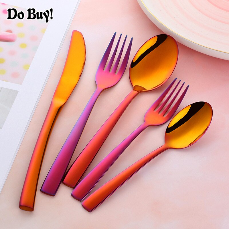 5 Pcs/Set Dinnerware Set Stainless Steel Reusable Utensils Travel Cutlery Spoon Fork Knife Home Tableware: Rainbow NO.3