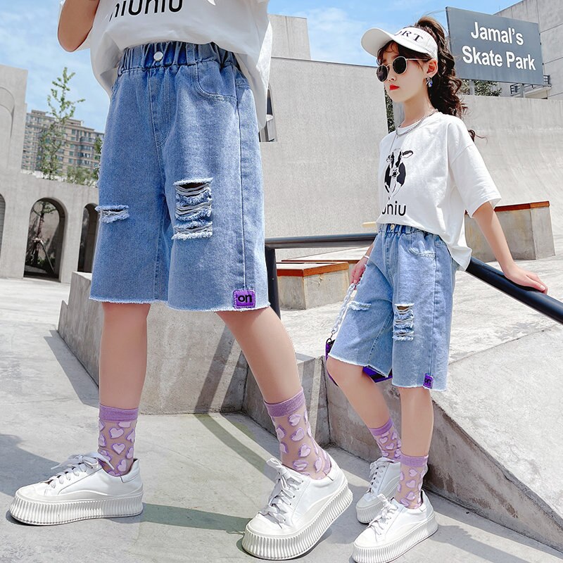 Big Girls Jeans corti in Denim strappati blu bambini pantaloncini elastici in vita pantaloni pantaloni estivi Casual per adolescenti 5 7 8 9 11 12 14 anni