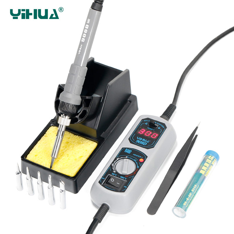 Oprindelige 220v/110v yihua 908d loddekolbe temperaturjusterbar elektrosvejsning loddekolbe  +5 tips + holder + pincet + tin