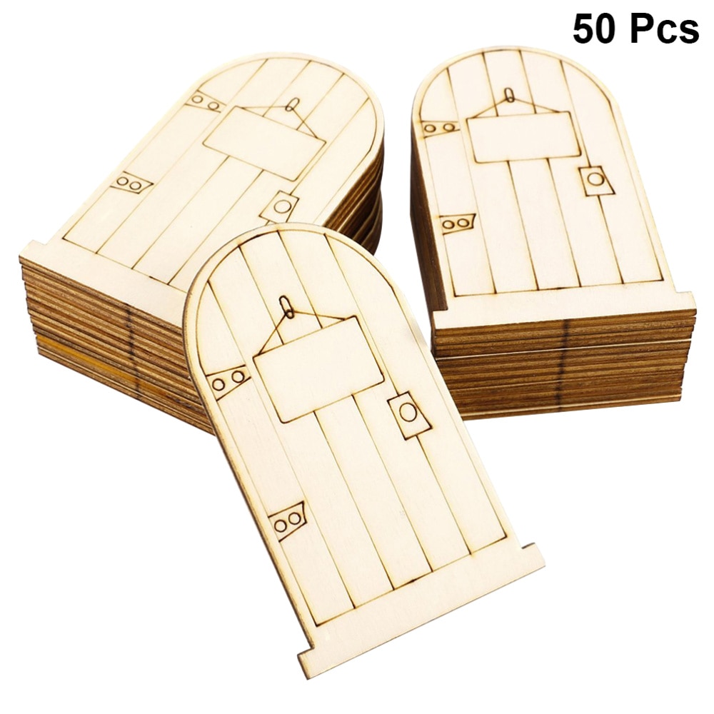 50 stücke Holz Gebühr Türen unbemalt Holz Stück Ornament Ausschnitte Handwerk Nette DIY Plakette Tür Wohnkultur (khaki)