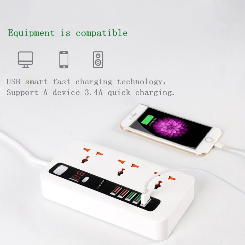 24 Hours Timer Power Strip Surge Protector 3 EU Plug Outlets Electric Socket with 5USB Charger Adapter Dock 5V 3.4A 2m Cord
