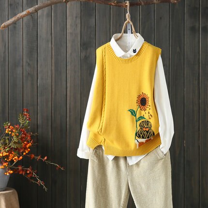 Chaleco con estampado de girasoles y bordado literario para chicas, jerséis tejidos para mujeres, Tops sin mangas, chalecos, jerséis con cuello ovalado informal: Amarillo